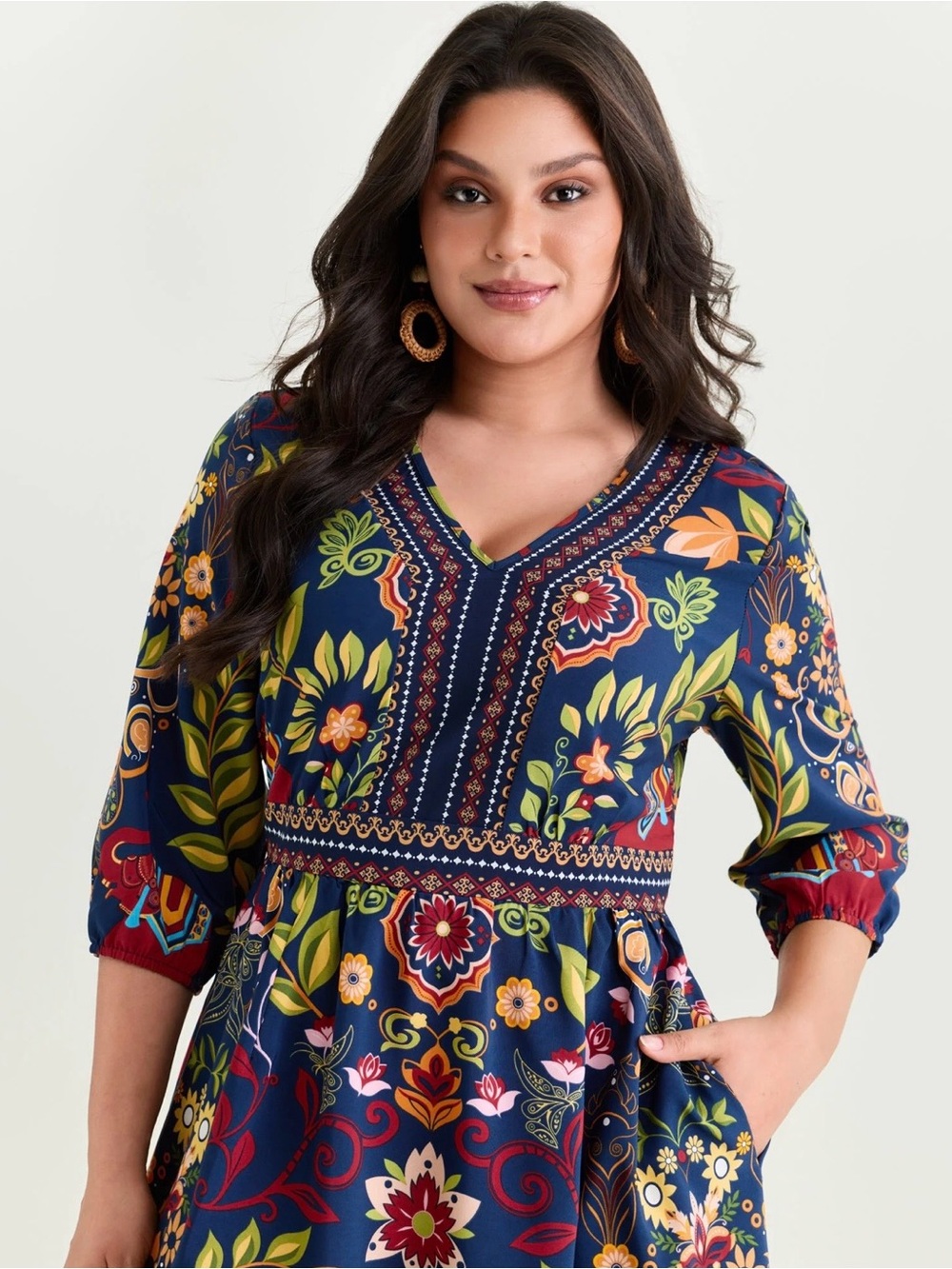 BloomChic Navy Floral Paisley Midi Dress Bohemian style 14-16 - Picture 2 of 8